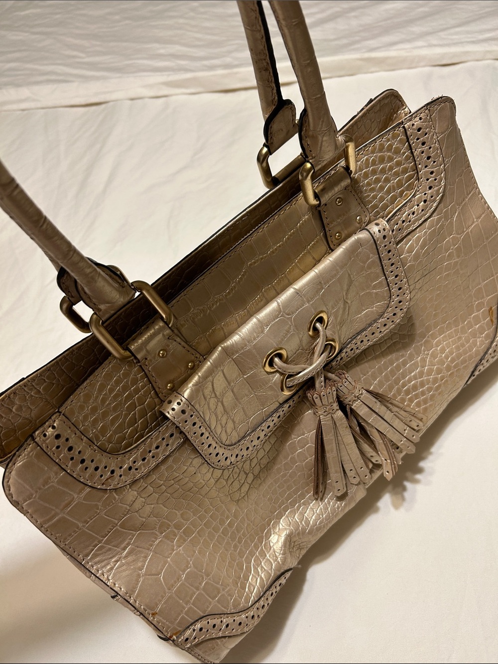 ANTONIO MELANI Taupe Croc-Embossed Tassel Satchel
